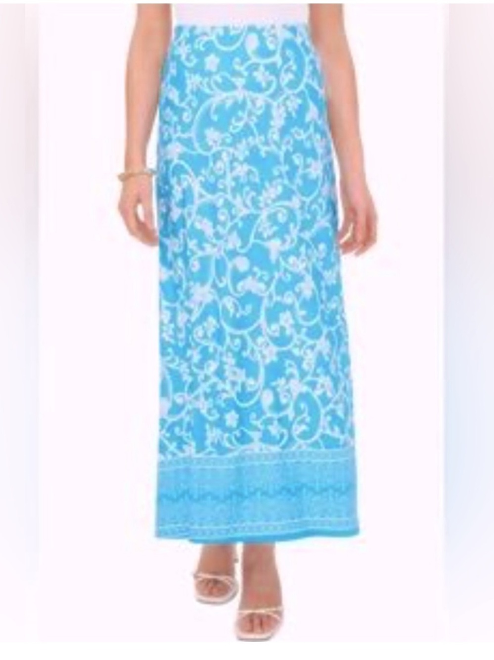 Vince Camuto Blue & White Floral Print Elastic Waist Unlined Pull-on Maxi Skirt